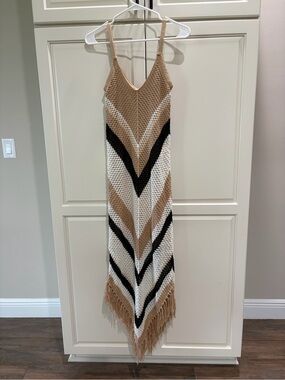 FCT With Love Chevron Knit Maxi Dress with Fringe in tan/white/black